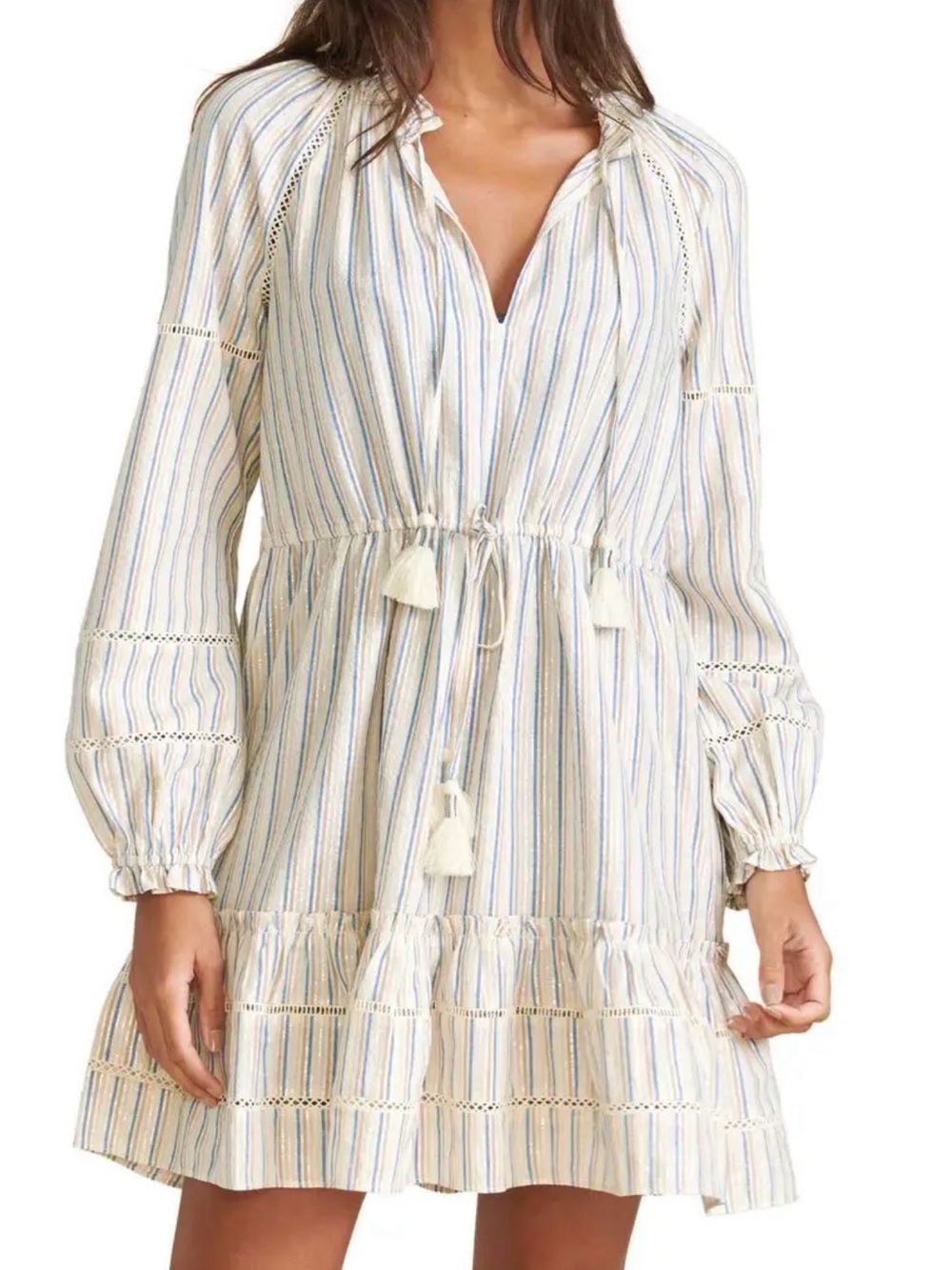Veronica Beard Striped Tassel-Pull Long Sleeve Dress sz SMALL Cream, Blue& Tan